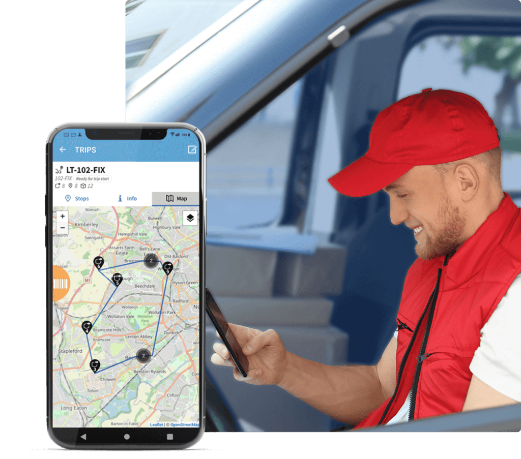 Visuel clé Chauffeur-livreur avec un téléphone portable utilisant l'application cadis